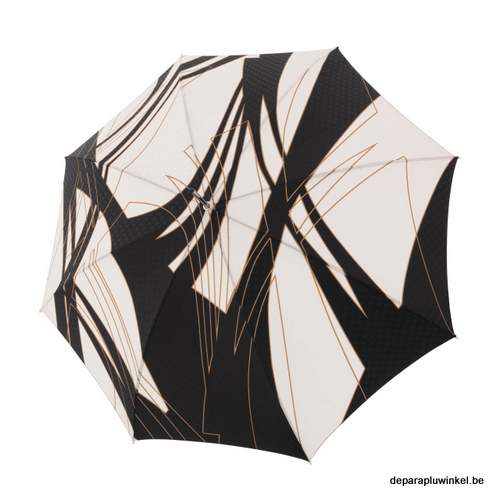 Stick umbrella white, black, gold planes and stripes, open
