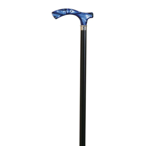 black wooden walking stick, blue  handle                                                   acrylic handle