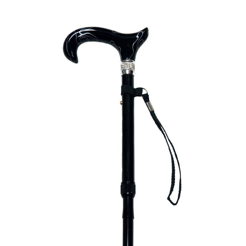 black folding walking stick acryl handle black and strass