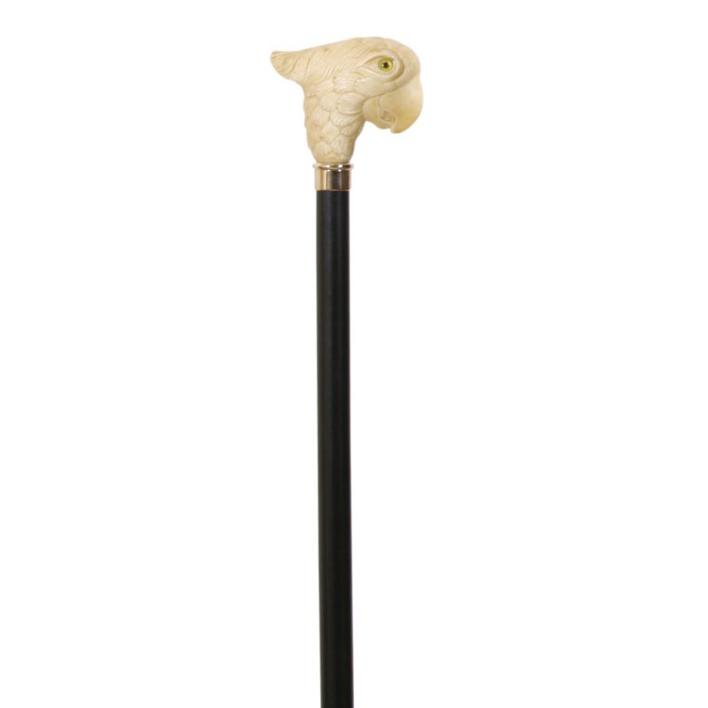 wooden walking stick, parrot head ivory look