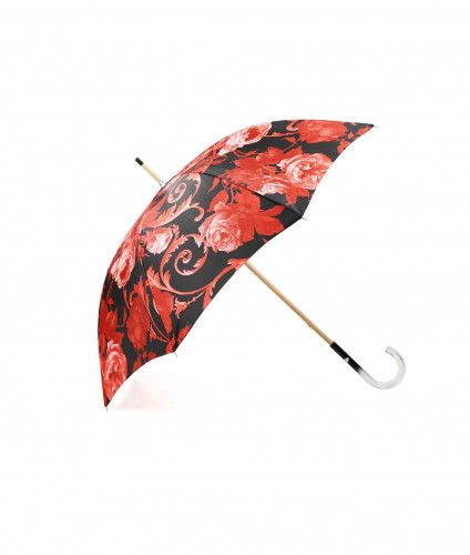 stick umbrella red roses on black; sideview