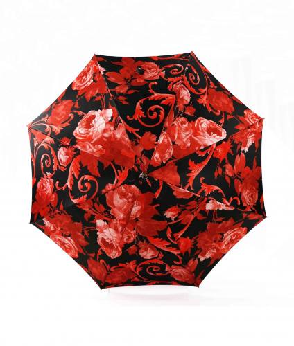 stick umbrella red roses on black; topview