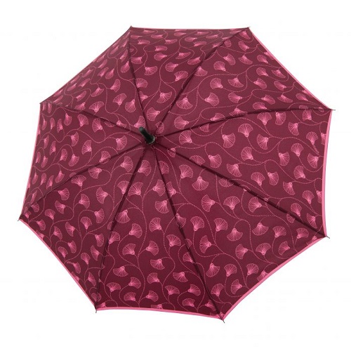 walking stick umbrella open, pink leaves ons bordeaux red