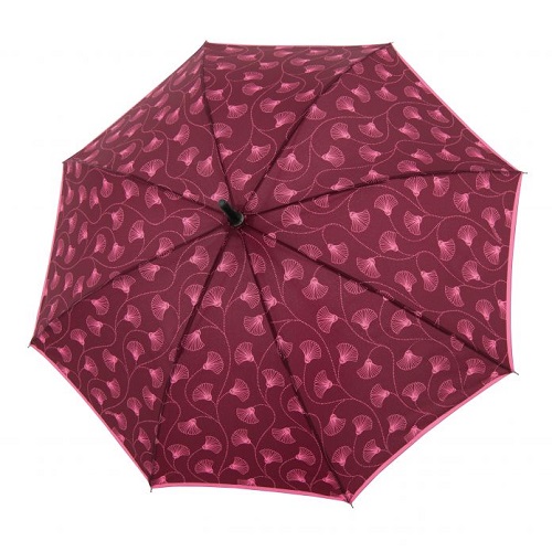 walking stick umbrella open, pink leaves ons bordeaux red