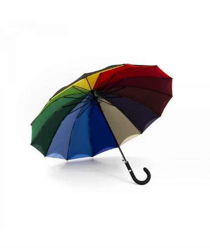 multicolor stick umbrella outside  black dome,  innerview