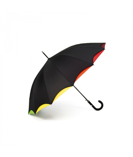 multicolor stick umbrella outside black dome,  sideview