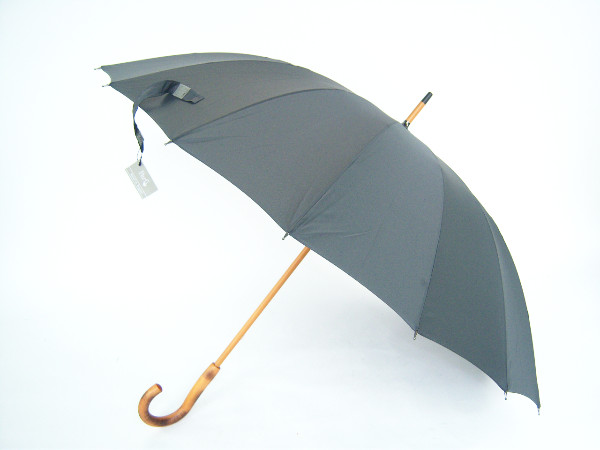 stick umbrella, wooden shaft, Brussels, grey, open sideview