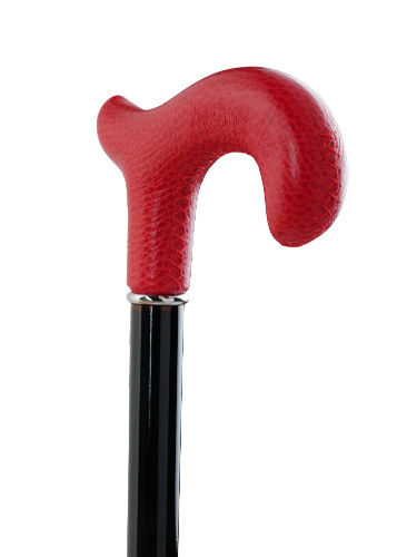 wooden walking stick with red leather handle