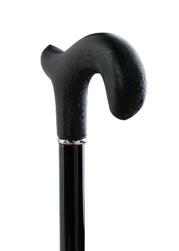 wooden walking stick with black leather handle