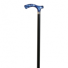 wandelstok hout, blauw kunststof handvat