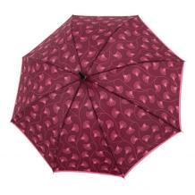 walking stick umbrella open, pink leaves ons bordeaux red