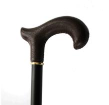 wooden walking stick with brown leather handle