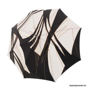 Stick umbrella white, black, gold planes and stripes, open