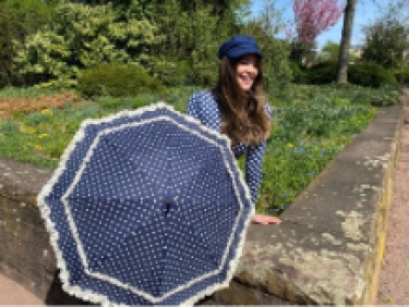 model showing hand sunshade blue with white dots
