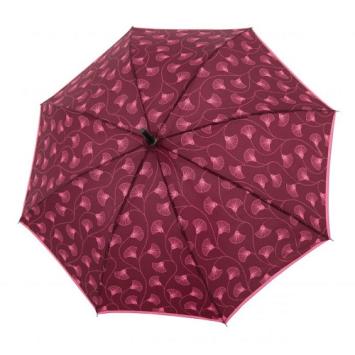 walking stick umbrella open, pink leaves ons bordeaux red