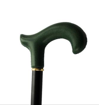 canne de marche en bois poignee cuir vert
