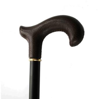 wooden walking stick with brown leather handle