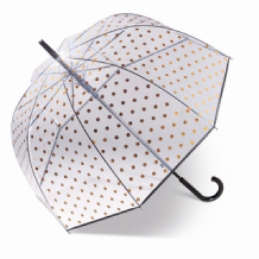 Domeshaped transparant umbrella gold dots, open